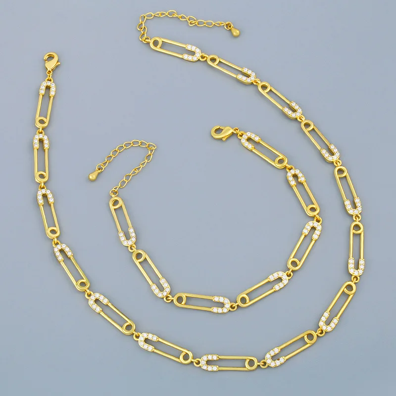 

Fashion Punk Statement Jewelry Real Gold Plated Pin Chain Necklace Micro Pave CZ Pin Link Chain Necklace Bracelet