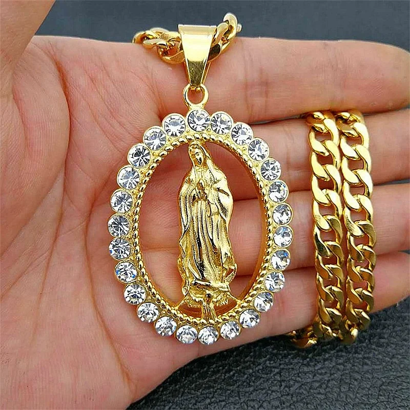 

Stainless Steel Cuban Chain Crystal Catholic Hip Hop Pendants Necklaces Men Jewelry Guadalupe's Virgin Mary Pendant Necklace