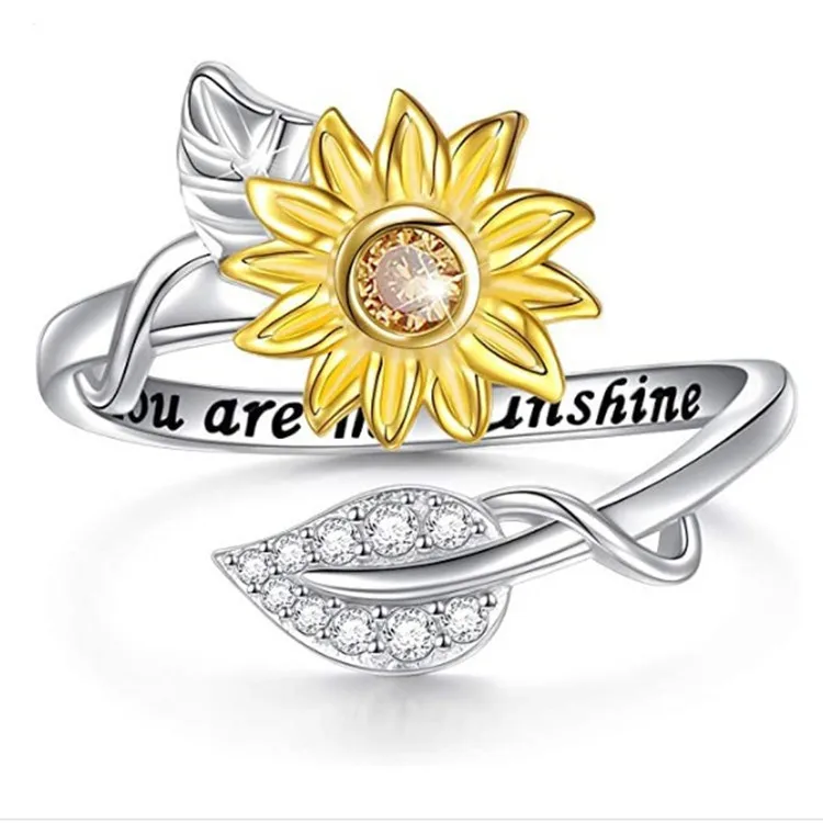 

2023 Trendy You Are My Sunshine Sunflower Rings Fashion Open Adjustable Crystal Zircon Daisy Flower Ring For Women