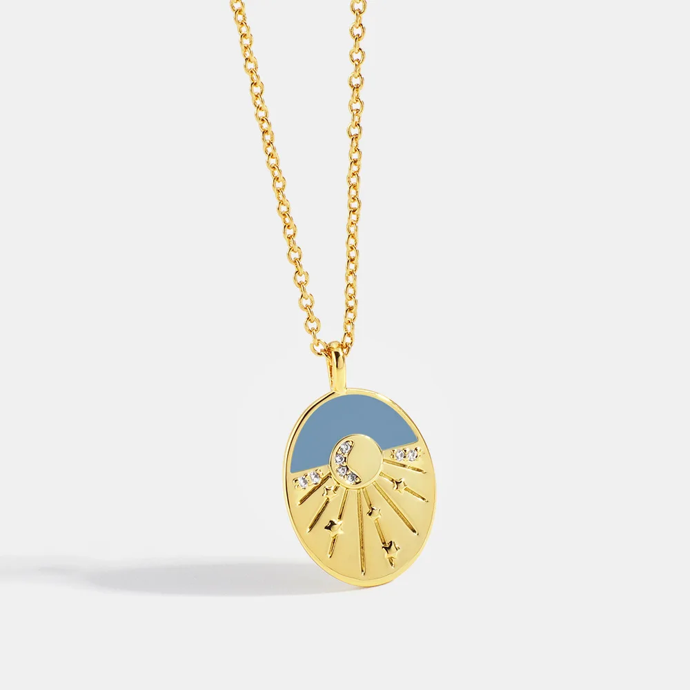 

High Quality 14K Gold Plated Geometric Round Oil Drip Pendant Necklace Vintage Zircon Star Disc Link Chain Necklace