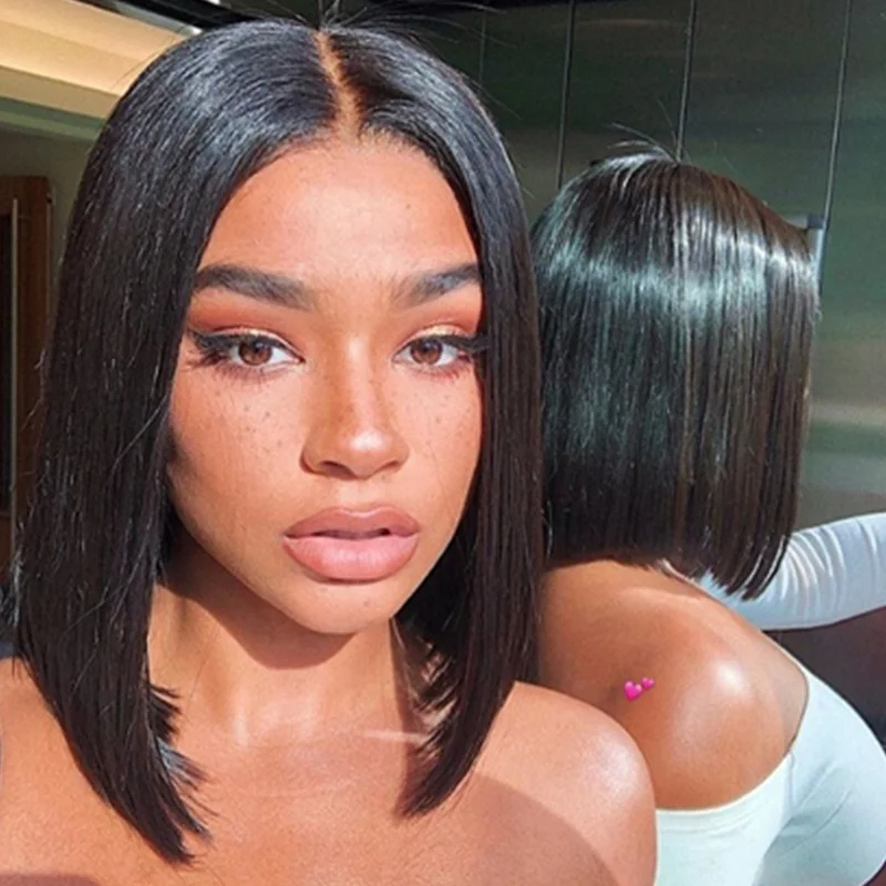 cheap human hair short bob blunt cut edges wig with 4X4 lace closure virgin remy brazilian lace front wigs for black women