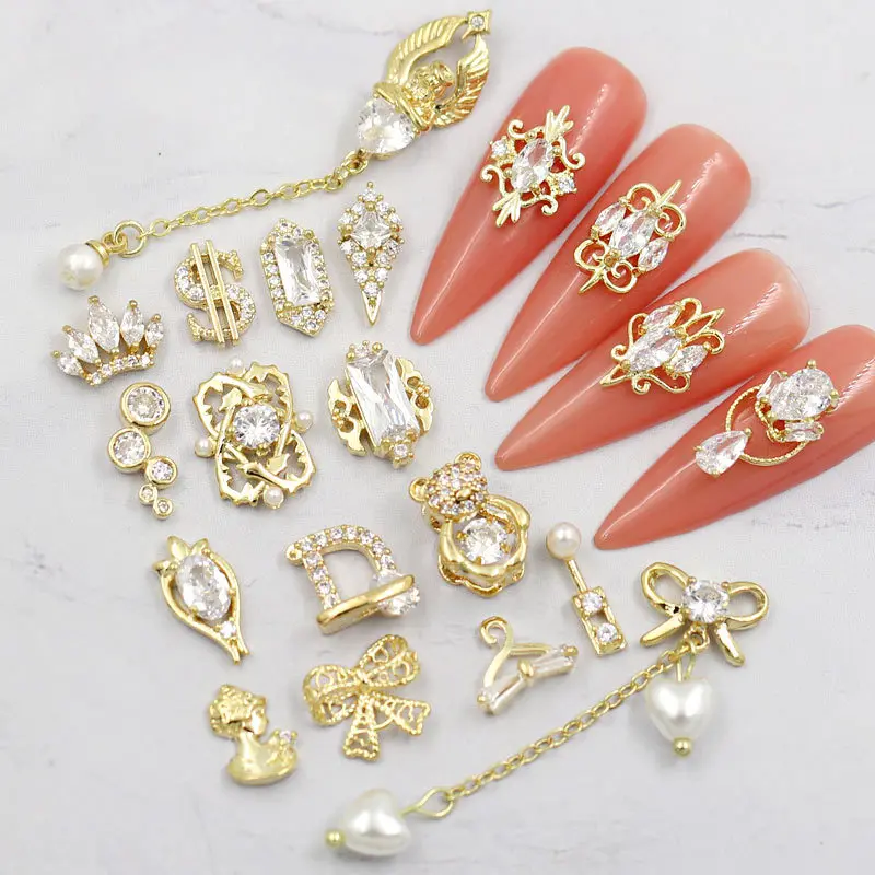 

Luxury Nail Art Charm Cubic Zircon Dollar Bear Knot Pearl 3D Diamond Long Chain Nail Sticker DIY Art Decoration Finger Jewelry, Colorful