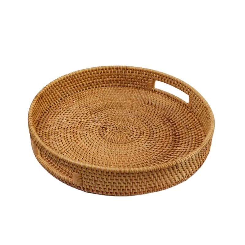 

China hot selling handwoven round handles woven rattan tray pool tray, Brown