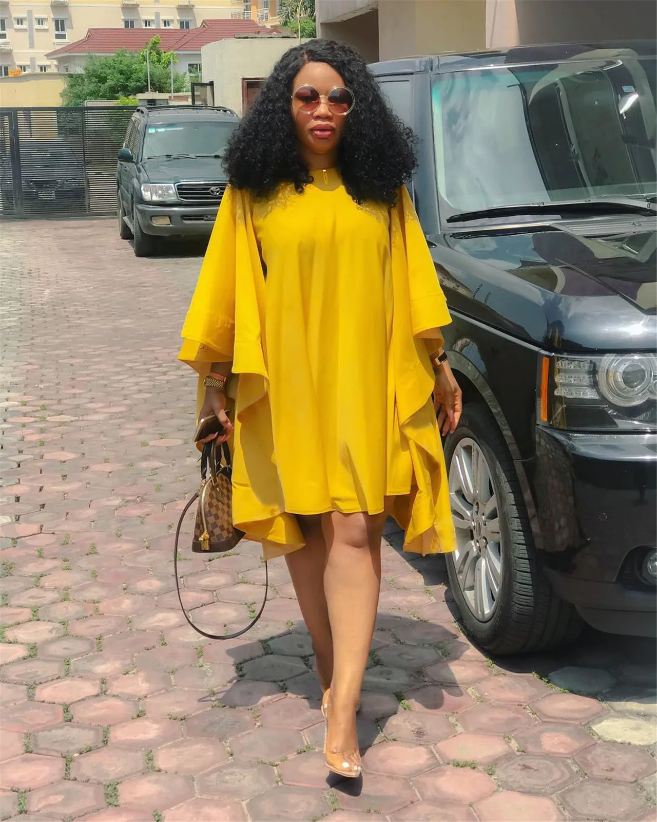 

Summer Yellow Loose Large Size O Neck Pleated Batwing Sleeve Dress Casual Lady, As photo