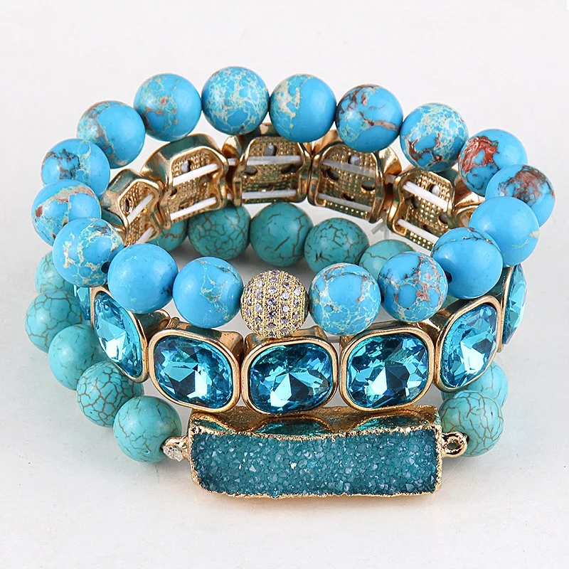 

Fashion New Design Sky Blue Shiny Square Bling Crystal Bead Bracelet Natural Agate Stone Rectangle Druzy Stack Bracelet Set