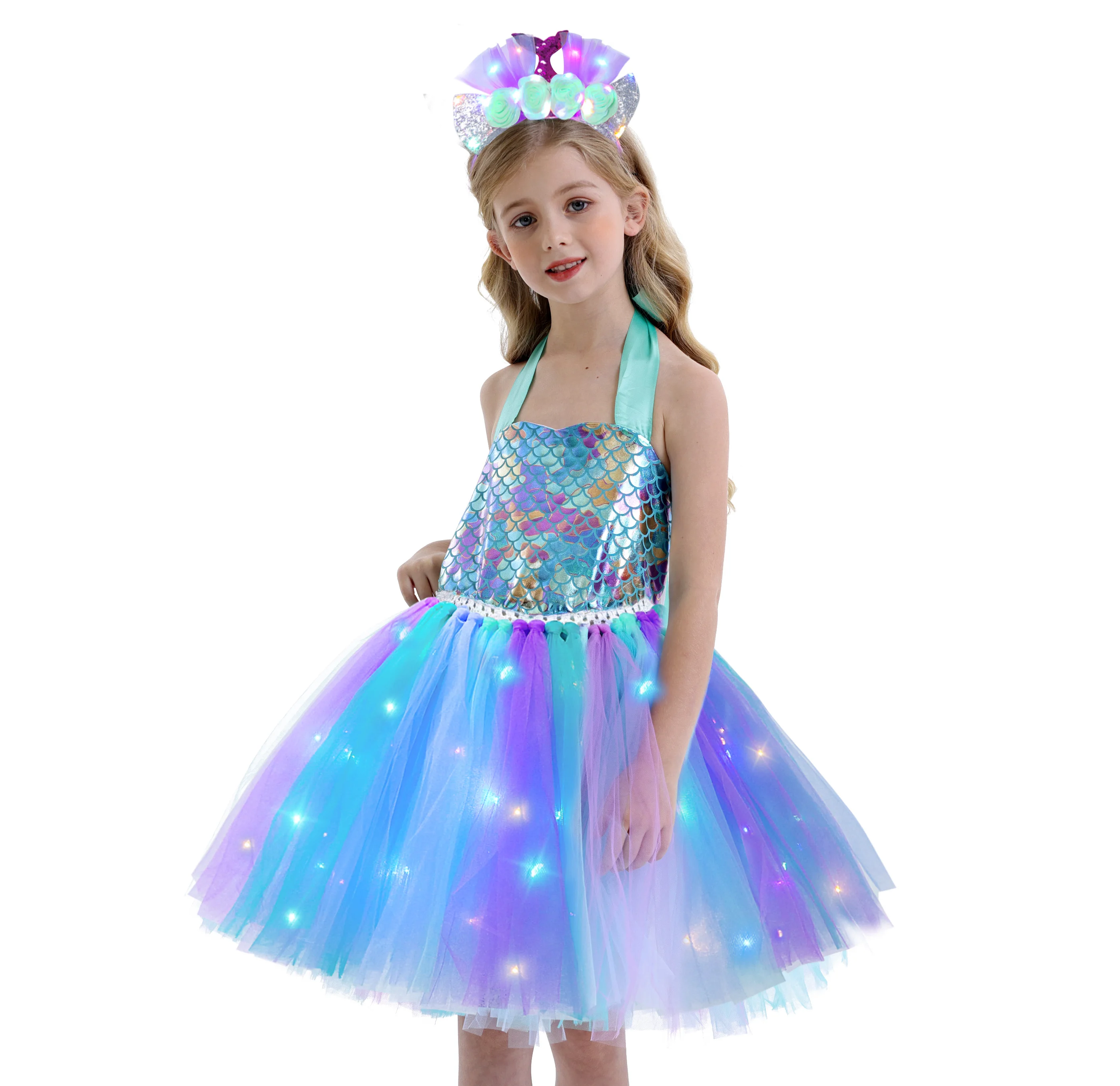 

2021 Summer Lace Flower Girls Dress Unicorn Ruffle Costume Tutu Birthday Party Short Recital Dance Chiffon Girl Dresses, Purple/white