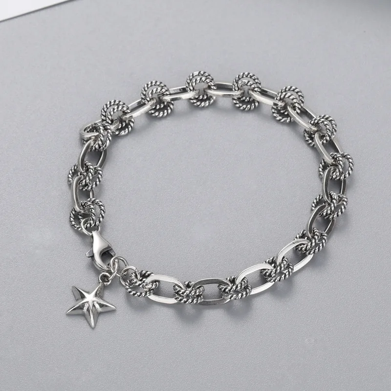 

Factory Direct Sale Hip Hop Twist Chain Bracelet S925 Silver Retro Five-Pointed Star Handmade Splicing Couple Bracelet