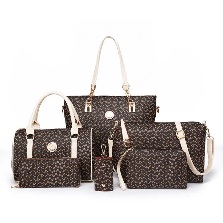 

High quality large handbags fashion leather printed 6 piece hand bag set designer famous brands luxury big purses and handbags, Popular colors