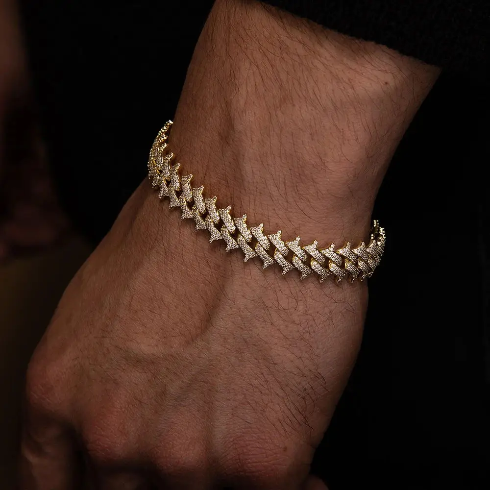 

Wholesale hip hop bling men boy jewelry 18k gold rhodium plated micro pave 5A cz 15mm spike cuban chain bracelet, Silver