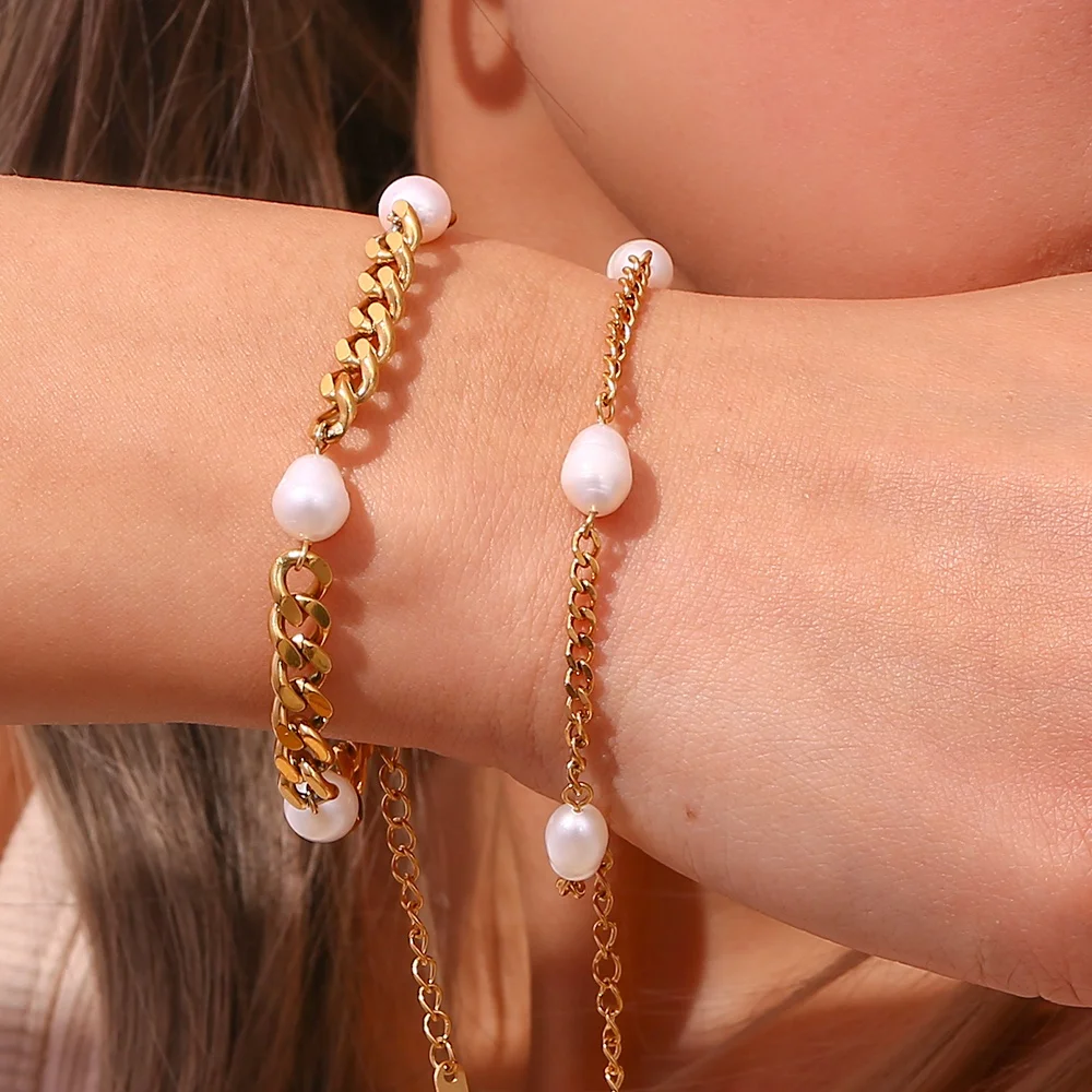 

Gold Plated Jewelry Baroque Thick Chain Bracelet Stainless Steel Freshwater Pearl Chunky Cuban Link Chain Bracelet Women Gift