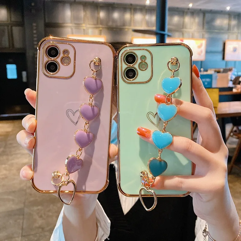 

HOCAYU Luxury Candy Color Plating Love Heart Wrist Bracelet Chain Phone Case For iPhone 13 12 11 Pro Max Fundas, Black,purple,pink,white,mint