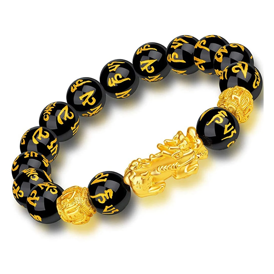 

Pi Xiu Bracelet Feng Shui Black Obsidian Wealth Bracelet Adjustable Good Luck natural stone Bracelet, Black and gold