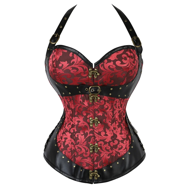 

Steampunk Corset Halterneck Synthetic Leather Faux Bustier Black red Brown Front Belts Sexy Corset