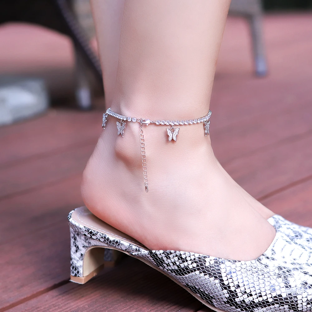 

KRKC Drop Shipping Wholesale Stainless Steel Crystal Women Jewelry Diamond Tennis Butterfly Ankle Bracelet Butterfly Anklet