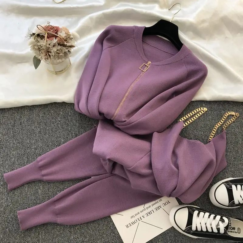 

New Autumn Fashion Lady's Elegant Chain Vest Zip Cardigan Jacket Knitted Pants 3 Piece Set Women Knit Track Suit Sweater Set