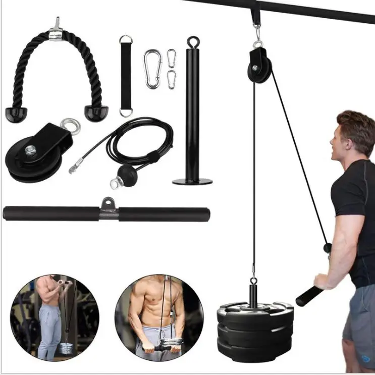 

LAT and Lift Pulley System with Loading Pin Tricep Strap Bar Cable Rope home high pull down training equipment