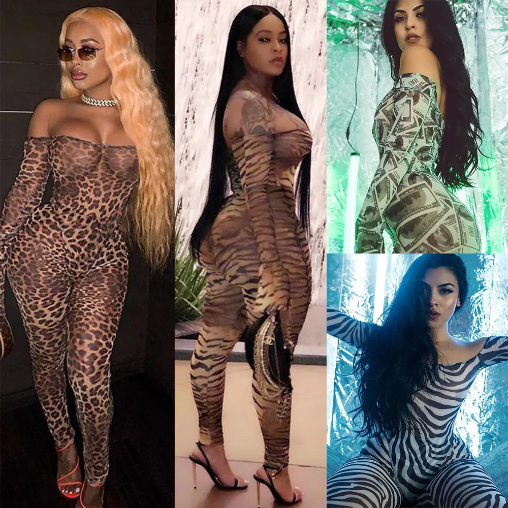 

Wholesale 4 types sexy women jumpsuits club wear off shoulder leopard tiger stripe dollar print mesh jumpsuit, Photo shows