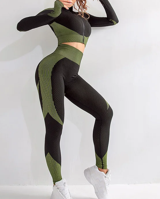 Custom Women Running Fitness High Waist Seamless Slim Sport Long Sleeve Yoga Wear Suit Set