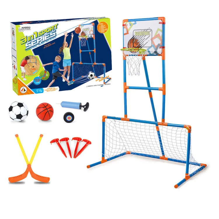 

BSCI factory 3 in 1 sport toys soccer goal basketball stand ice hockey toys for kids