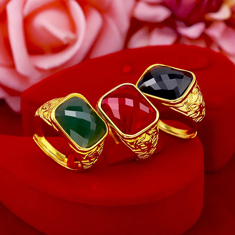 

Dropshipping Luxury Fashion 14K Gold Ring for Men Wedding Engagement Jewelry Big Gemstone Green Emerald Ring Red Jade Stone Male