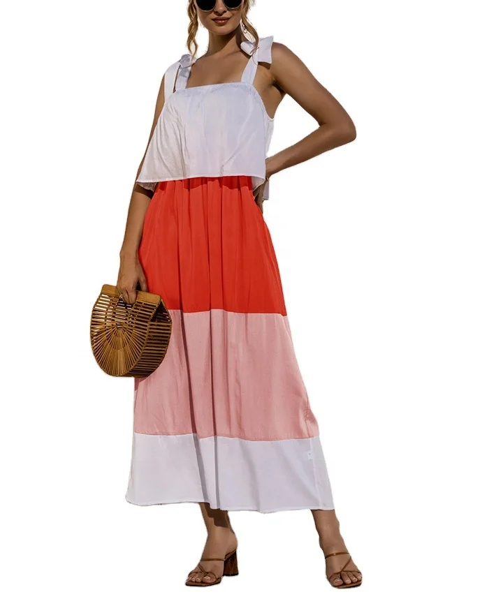 

Free Shipping Fashion New Summer Beach Sundress Long Color Block Dress Lace Up Ladies Dress, Picture color