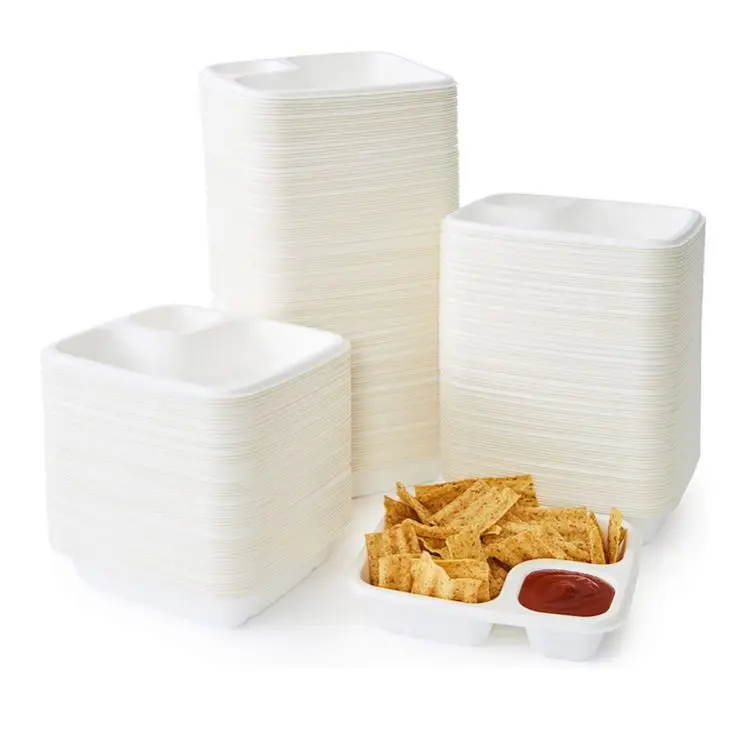 

Leak Proof Compostable 2 Compartment Serving Tray Biodegradable and Microwave Safe Bagasse Trays, White
