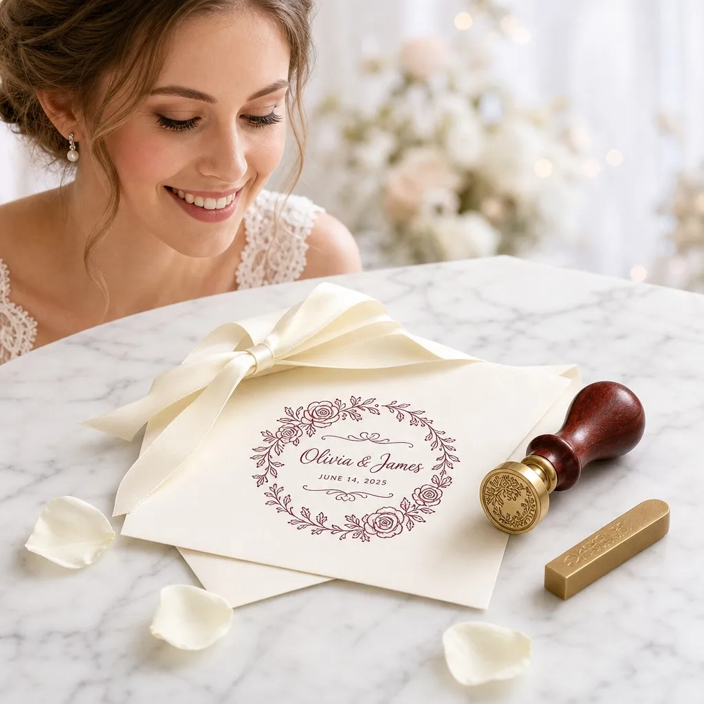 Bride looking at personalized wax seal stamp impression on ivory wedding envelope at marble table with rose petals