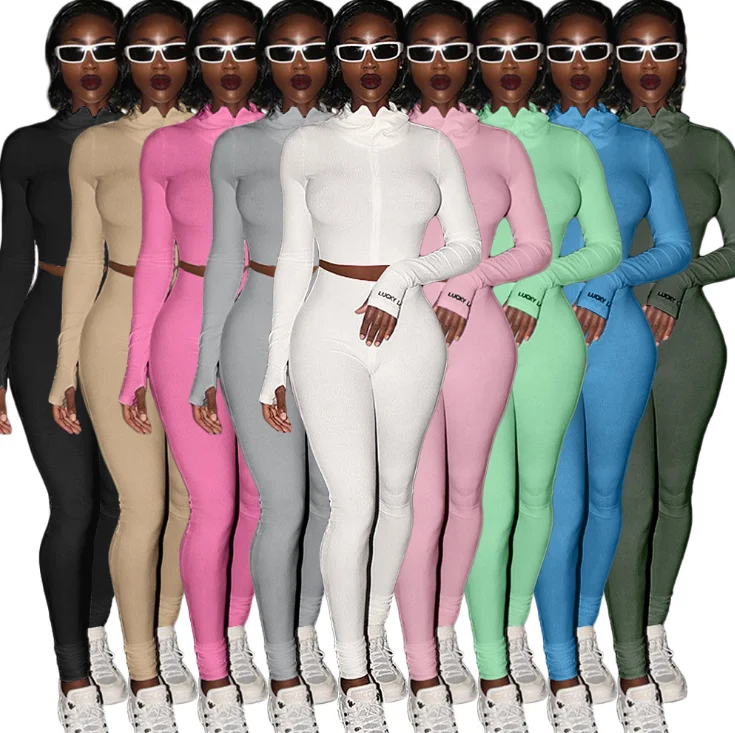 

Hot Sale Trendy Knit Rib Crop Top With Legging Set 2 Piece Set Fall Clothing For Women, As piece