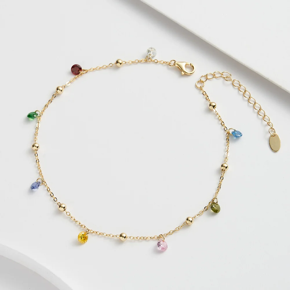RINNTIN SA93 rainbow Diamond Zircon Colorful Zircon Bracelet Anklet 925 Sterling Silver 14K Gold Plated Beach Anklet