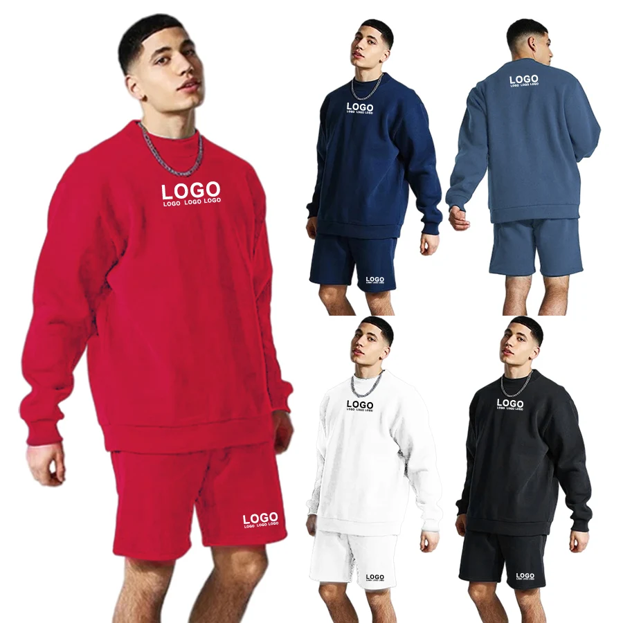 

hot sale custom logo design plain short track suit sets men 2 piece sweatshirt and sweat shorts set for men, Navy,black,blue,red,white or oem colors