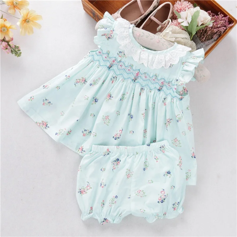 

B07765 newborn baby girls' clothes sets smocked hand made ruffles cotton kids clothing children clothes wholesale