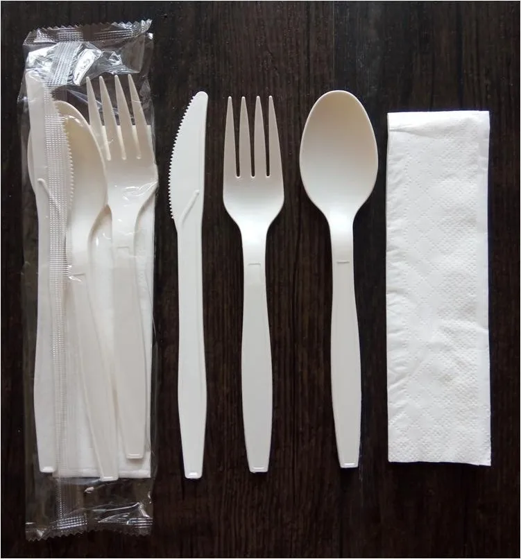 

Biodegradable Disposable White Wrapped Plastic Spoon Fork and Knife Set Cornstarch Cutlery Set with Napkin
