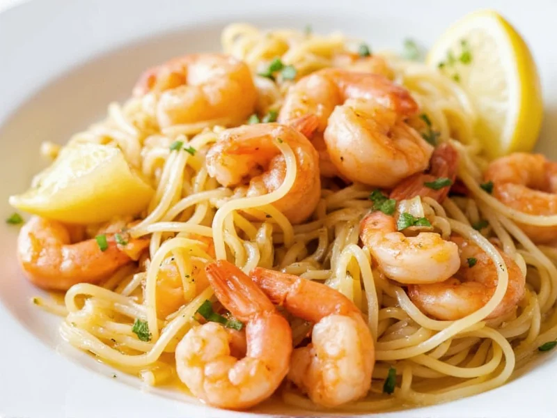 Homemade shrimp scampi plated with lemon wedges