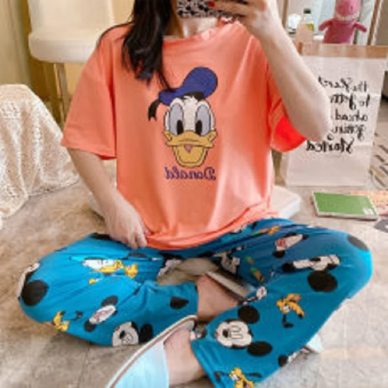 

Spring and Summer Short-Sleeved Trousers Set Homewear Cartoon Casual Korean Pajamas Suit Female Cool Soft Milk Silk Sleepwear, As picture show