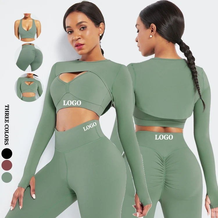 

New Stylish Seamless 3 Pieces Long Sleeve Crop Top Workout Clothing Women Yoga Fitness Set, As shown