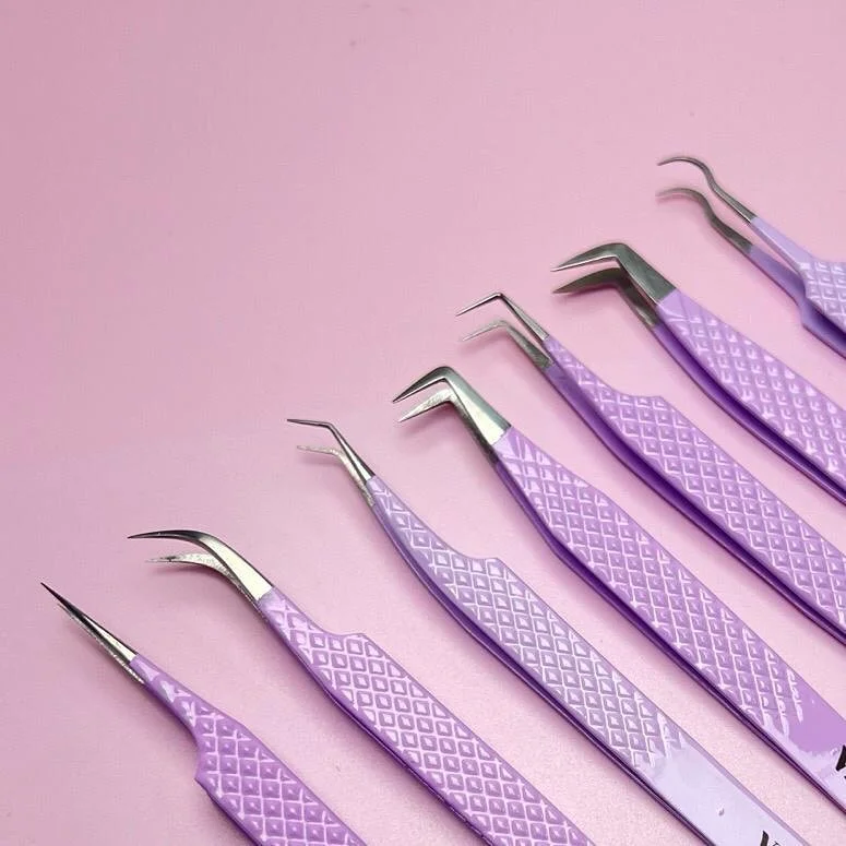 VEYES Private Label Professional Custom Print Logo Fiber Tip 45 90 Degree Extension Pink Purple Volume Lash Extensions Tweezers