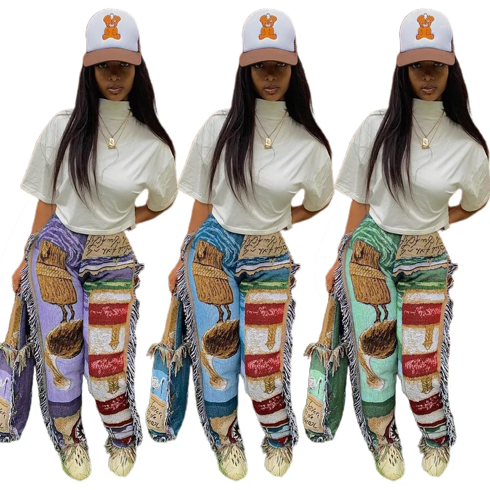 

Casual Color Printed Female Fashion Trousers Vintage Clothing Sexy Party Outfits Fringe Pants Women Fall 2021, Picture color