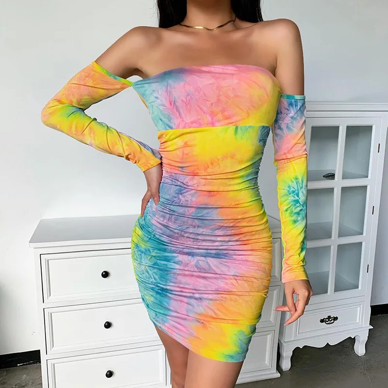 

2022 New Arrivals Spring Summer Autumn Tie Dye Pleated Maxi Dress Long Sleeve Casual Dresses