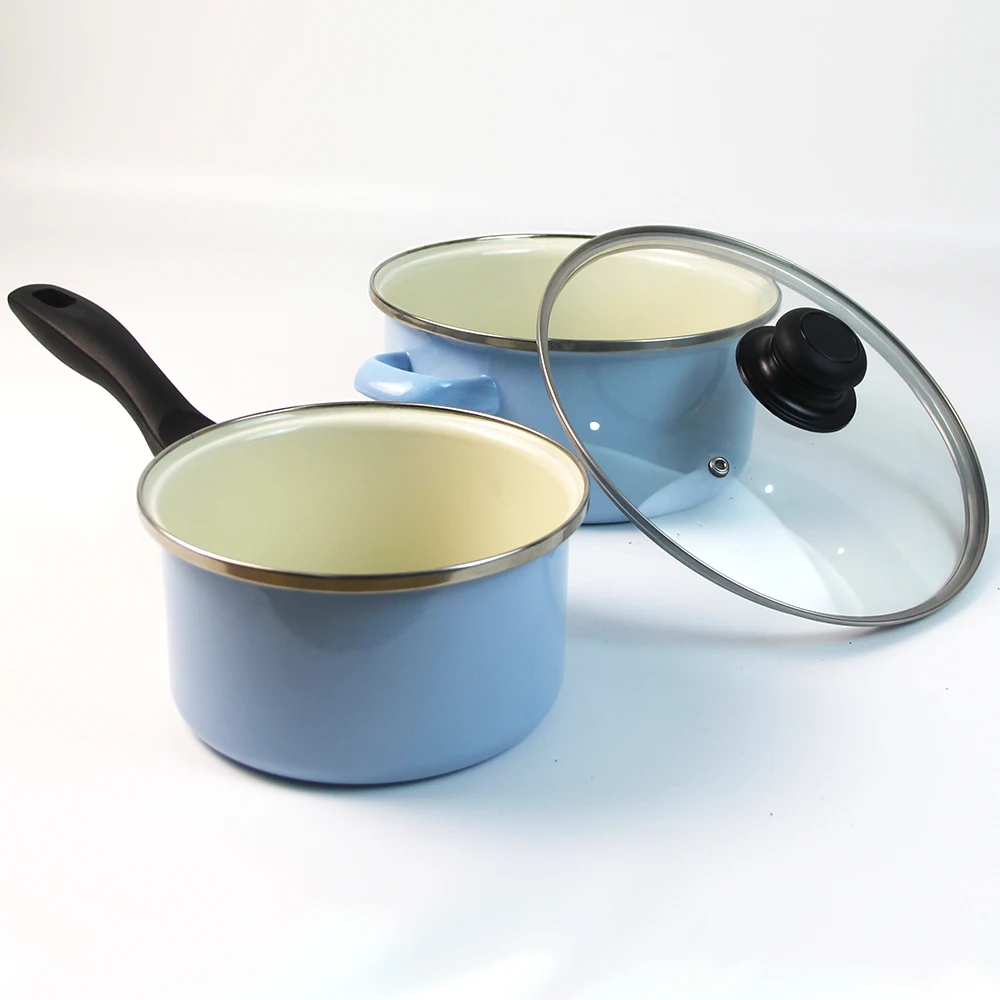 蓝色碳钢搪瓷炊具套装搪瓷牛奶锅砂锅和平底锅