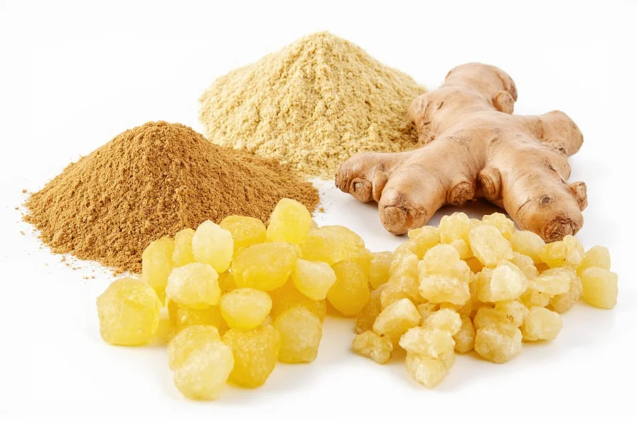 Various forms of ginger including fresh root, dried powder, and crystallized pieces