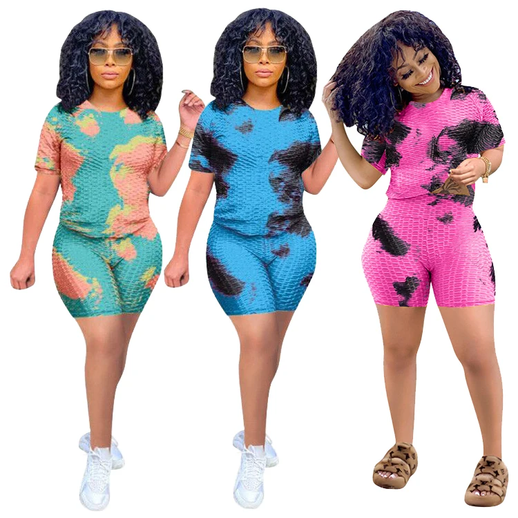 

L2113 - top and shorts fashion casual tie dye printed women two piece set