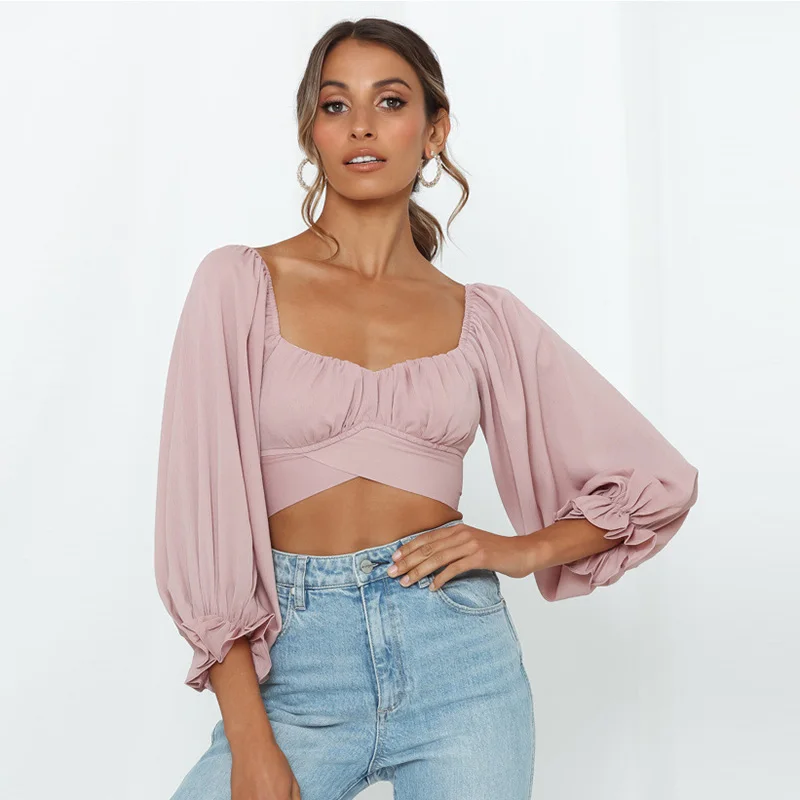 

Off Shoulder Tie Up Women Summer Clothing 2021 Woman Crop Tops Fashionable bandage Chiffon blouses, White,blue,black,pink