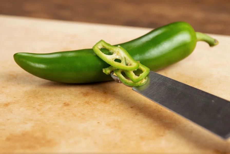 Close-up of stainless steel jalapeno pepper seeder removing seeds from fresh green jalapeno on cutting board