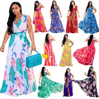 

LF-182 African Kitenge Dress Designs Ladies Dress Casual Sleeveless Floral Summer Long Maxi Dress Woman Fashion