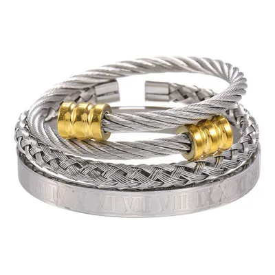 

Titanium Steel Round Shape Twist Cable Crown Bracelet 18K Gold Plated Roman Numerals Cuff Bangle Set