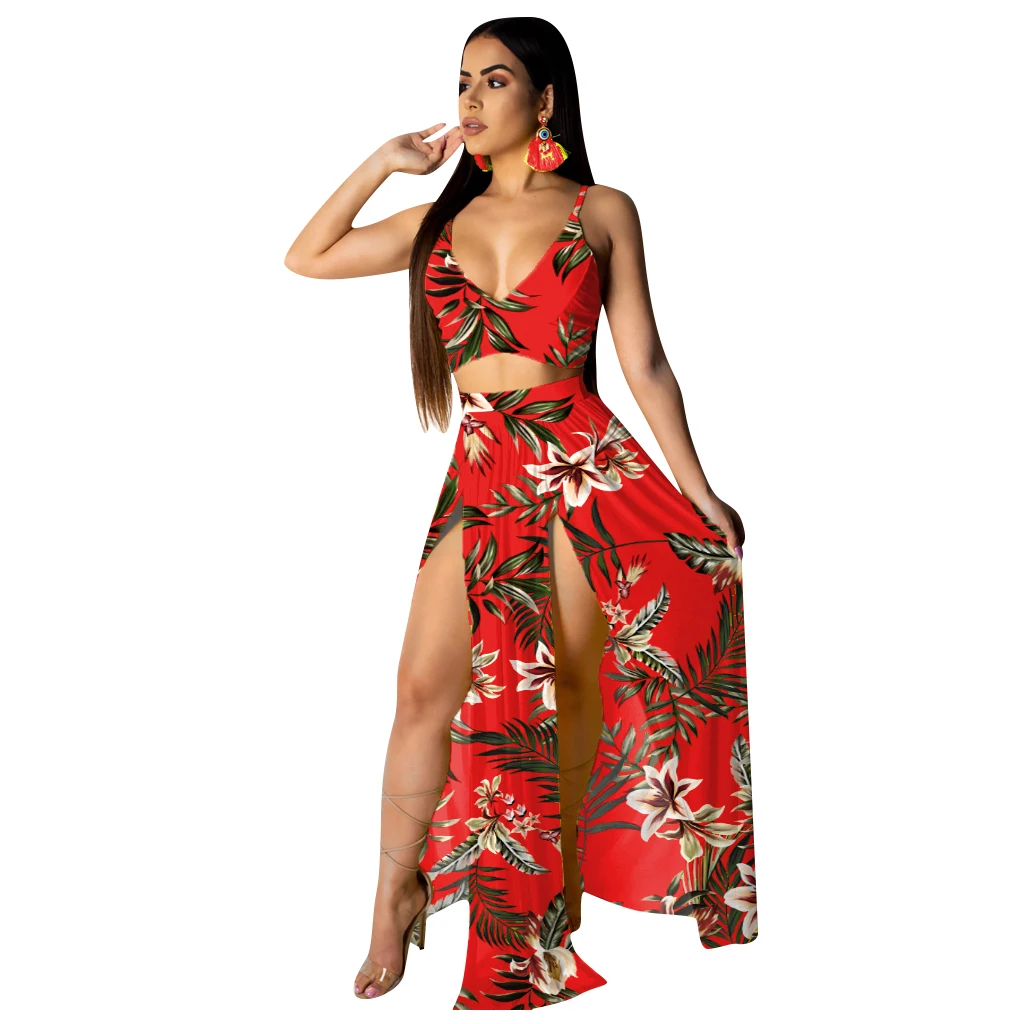 

2021 Bohemian flower two piece short skirt set sexy plug skirt women's clothing set flower print Bohemian casual skirt