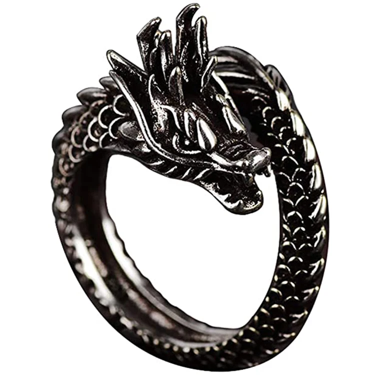 

Fashionable Unisex Vintage Silver Dragon Carved Surface Adjustable  Opening Ring