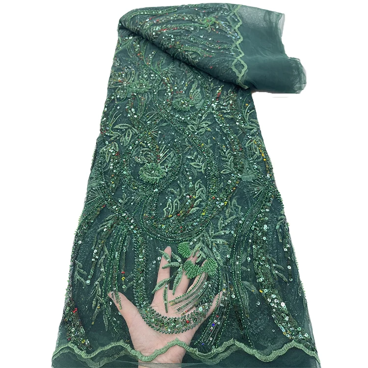 

Green Floral Lace Fabric Embroidered by the yard Beaded Tulle Lace Multicolour Pearls Fabric