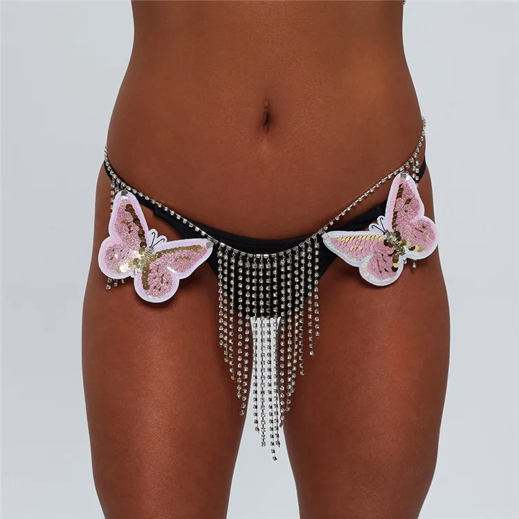 

Sexy Exaggerated Fashion All Match Chain Butterfly Waist Chain Butterfly Pink Rhinestone Waist Chain, Silver