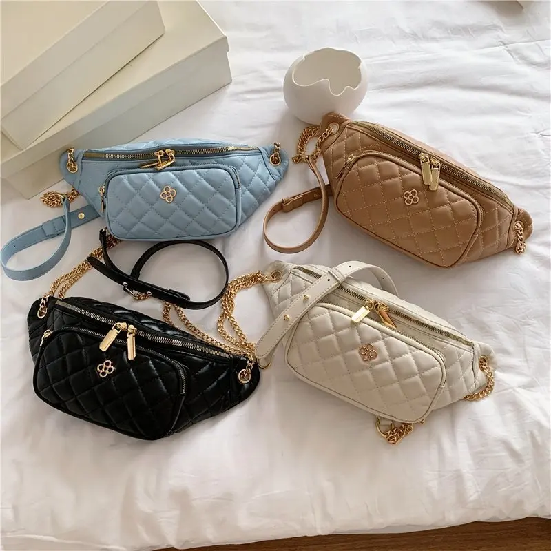 

Women Purse 2020 Fashion Quilted Fanny Pack Trendy Chain Cross Body Bag PU Leather Women Chest Bag, Black,whiter,pink,blue